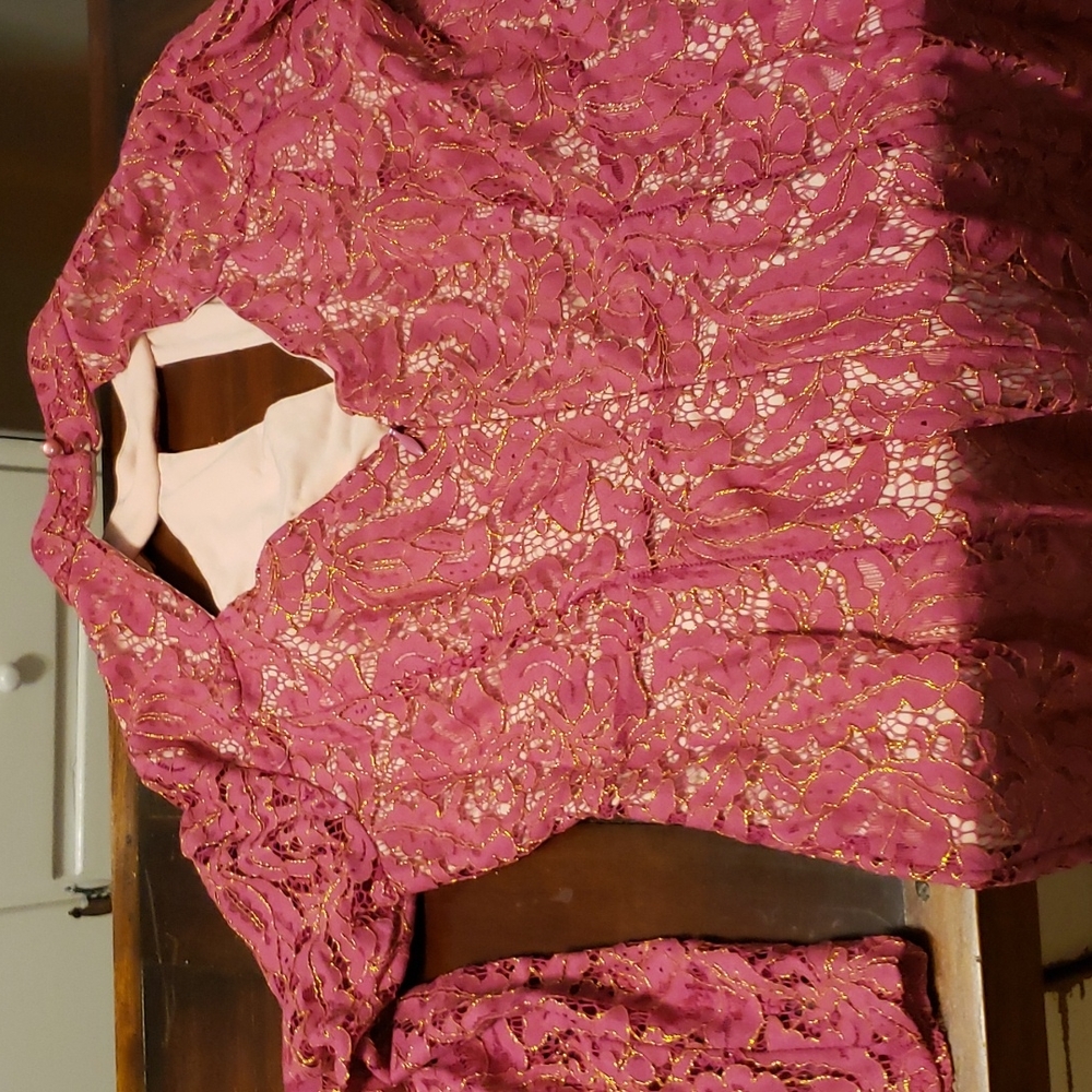 Bebe cutout long-sleeved pink lace overlay dress